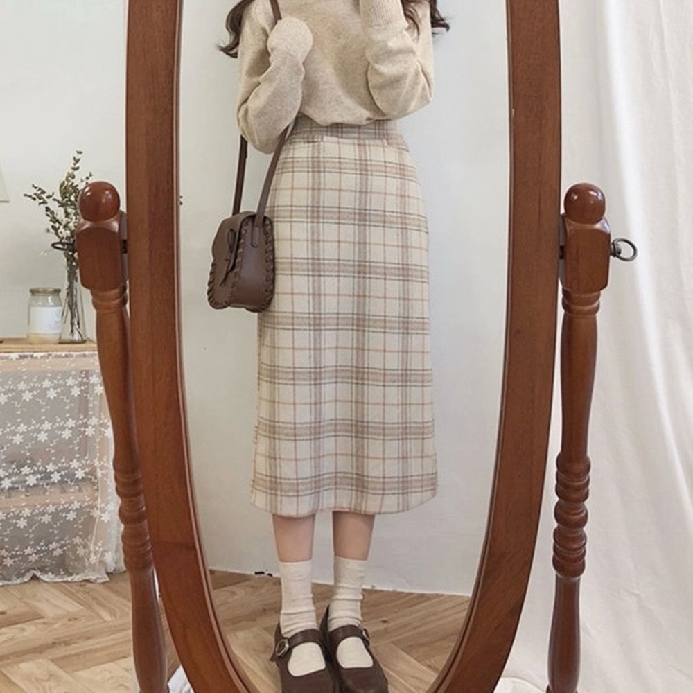 Elig Vintage Plaid Autumn Pencil Midi Long Skirt Warm Thick Skirts Winter